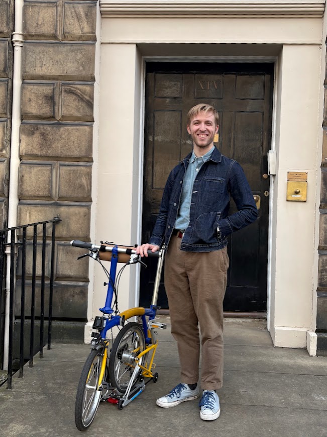 Chris with is bike at the James Maxwell House in Edinburgh